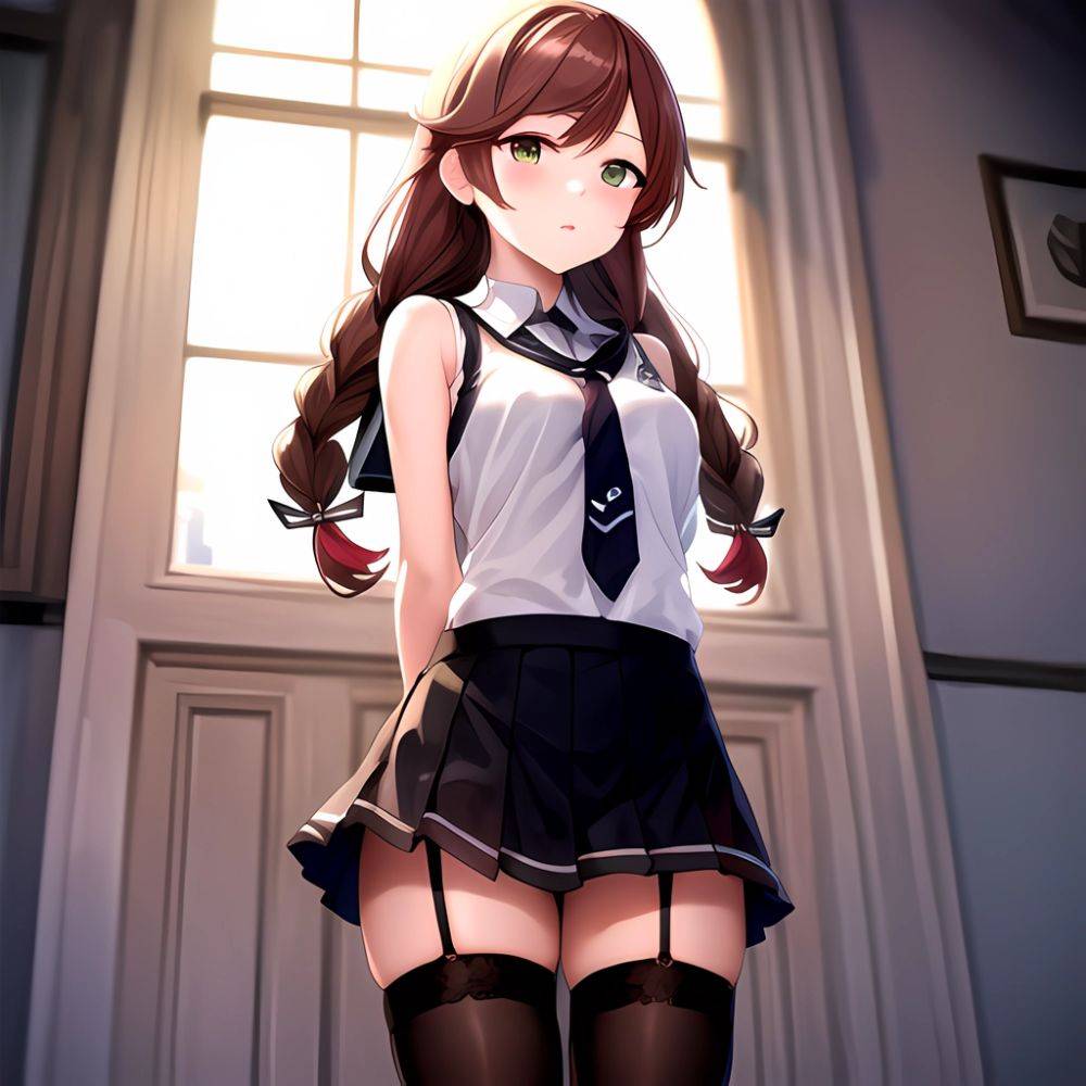 Noshiro Kancolle 1girl Anchor Symbol Asymmetrical Legwear Black Necktie Black Thighhighs Braid Brown Hair Garter Straps Green Ey, 1099328520 - AIHentai - #main