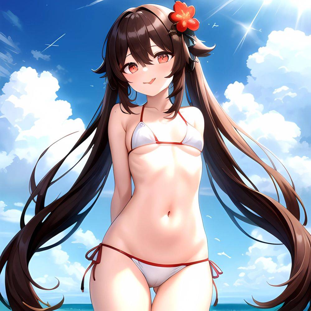 1girl Q Absurdres Arms Behind Back Bikini Blush Breasts Brown Hair Cameltoe Cleft Of Venus Covered Nipples Cowboy Shot Flower, 71930468 - AIHentai - #main