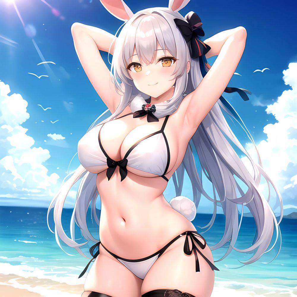 1girl Animal Ears Arms Behind Head Armpits Bare Shoulders Bikini White Bikini Blue Bow Bow Breasts Cleavage Closed Mouth Cowboy, 3737046283 - AIHentai - #main