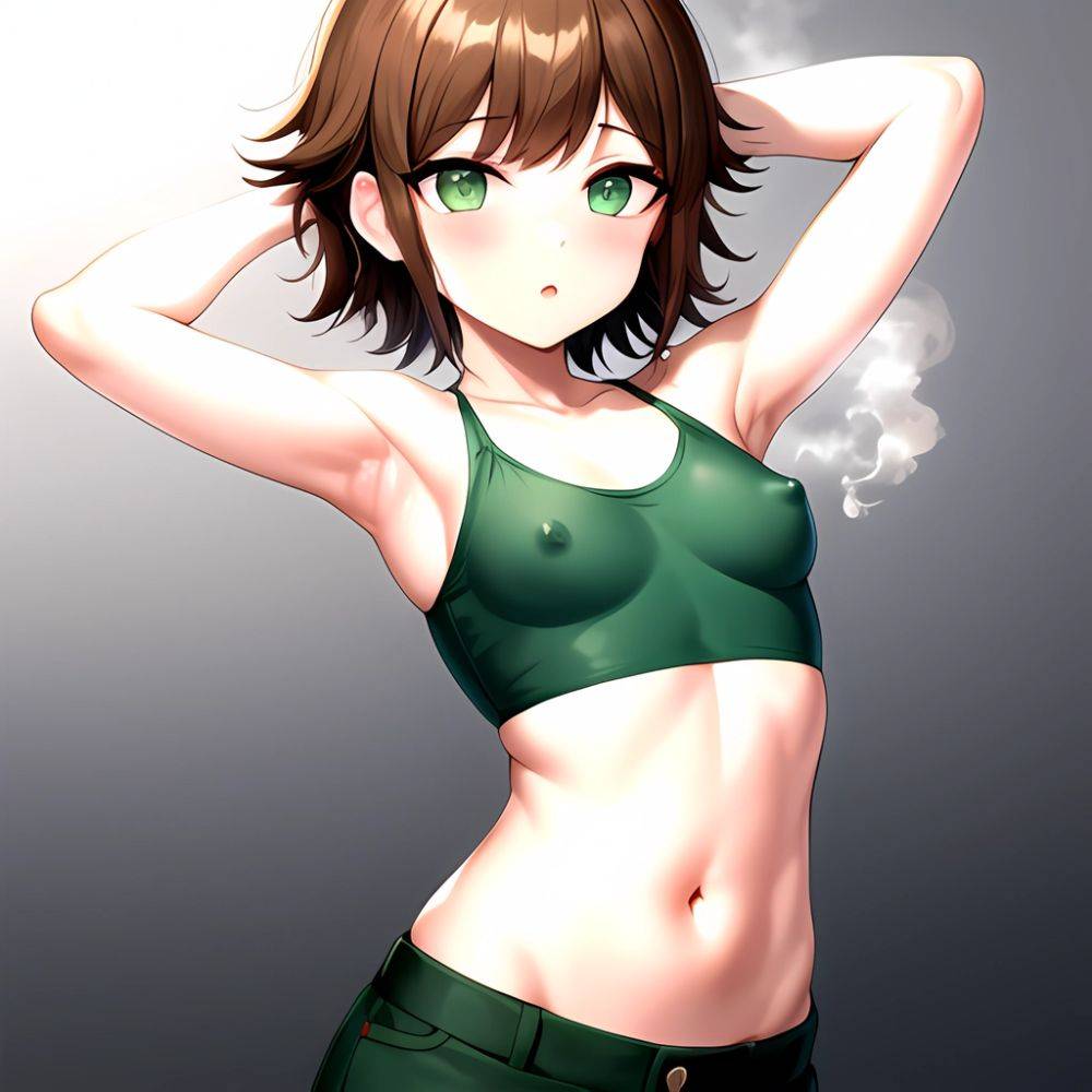 1boy Armpits Arms Behind Head Blush Breasts Brown Hair Bulge Collarbone Contrapposto Covered Nipples Crop Top Danganronpa Trigge, 3047455118 - AIHentai - #main