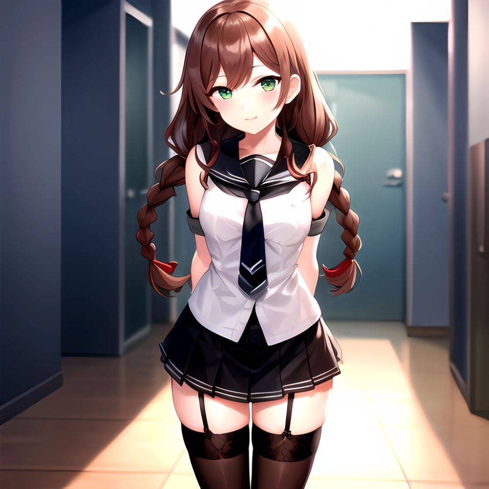 Noshiro Kancolle 1girl Anchor Symbol Asymmetrical Legwear Black Necktie Black Thighhighs Braid Brown Hair Garter Straps Green Ey, 1686018311 - AIHentai - #main