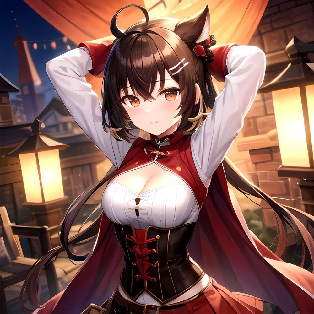 Nanashi Mumei Nanashi Mumei 1st Costume 1girl Ahoge Arms Behind Head Arms Up Belt Brown Corset Brown Eyes Brown Hair, 4171028603 - AIHentai - #main