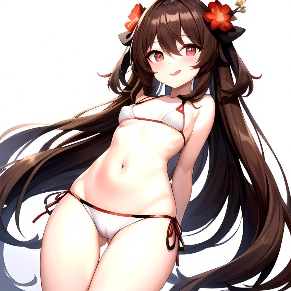 1girl Q Absurdres Arms Behind Back Bikini Blush Breasts Brown Hair Cameltoe Cleft Of Venus Covered Nipples Cowboy Shot Flower, 3099859135 - AIHentai - #main