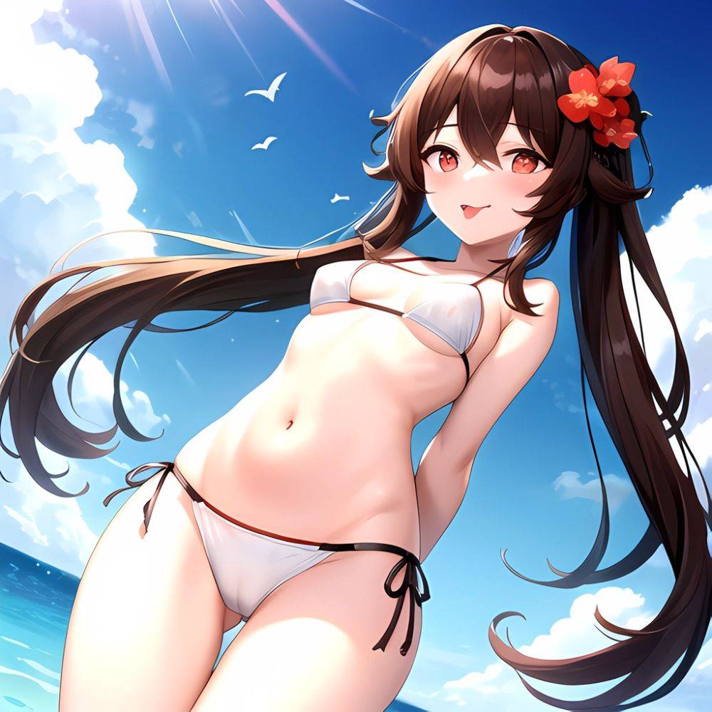 1girl Q Absurdres Arms Behind Back Bikini Blush Breasts Brown Hair Cameltoe Cleft Of Venus Covered Nipples Cowboy Shot Flower, 1884021840 - AIHentai - #main