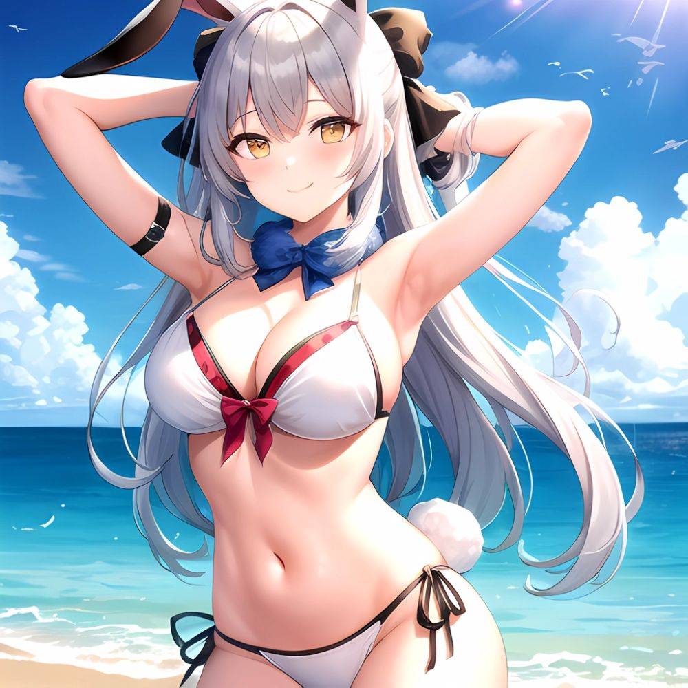 1girl Animal Ears Arms Behind Head Armpits Bare Shoulders Bikini White Bikini Blue Bow Bow Breasts Cleavage Closed Mouth Cowboy, 3794096840 - AIHentai - #main