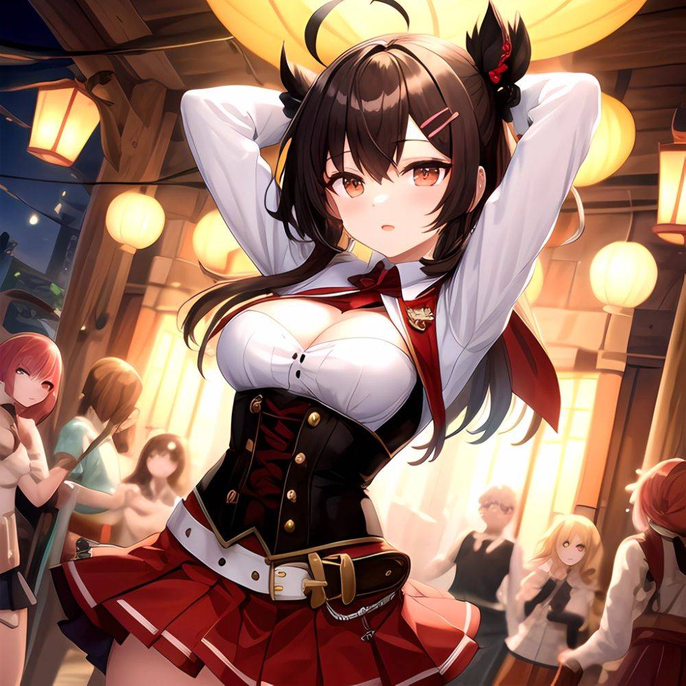 Nanashi Mumei Nanashi Mumei 1st Costume 1girl Ahoge Arms Behind Head Arms Up Belt Brown Corset Brown Eyes Brown Hair, 3813788819 - AIHentai - #main