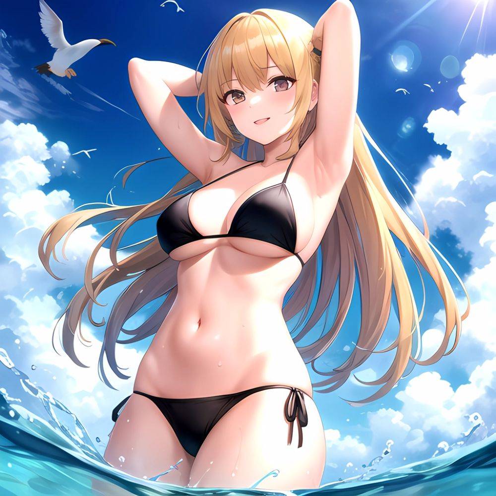 Empress Last Origin 1girl Armpits Arms Behind Head Bikini Bird Black Bikini Blonde Hair Blue Sky Breasts Cloud Gradient Hair, 3616410149 - AIHentai - #main