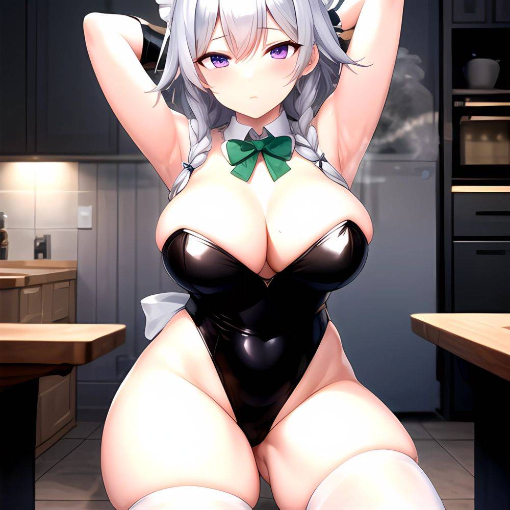 Izayoi Sakuya 1girl Armpits Blue Leotard Bow Braid Breasts Expressionless Gloves Green Bow Grey Hair Large Breasts Latex Latex G, 181356968 - AIHentai - #main