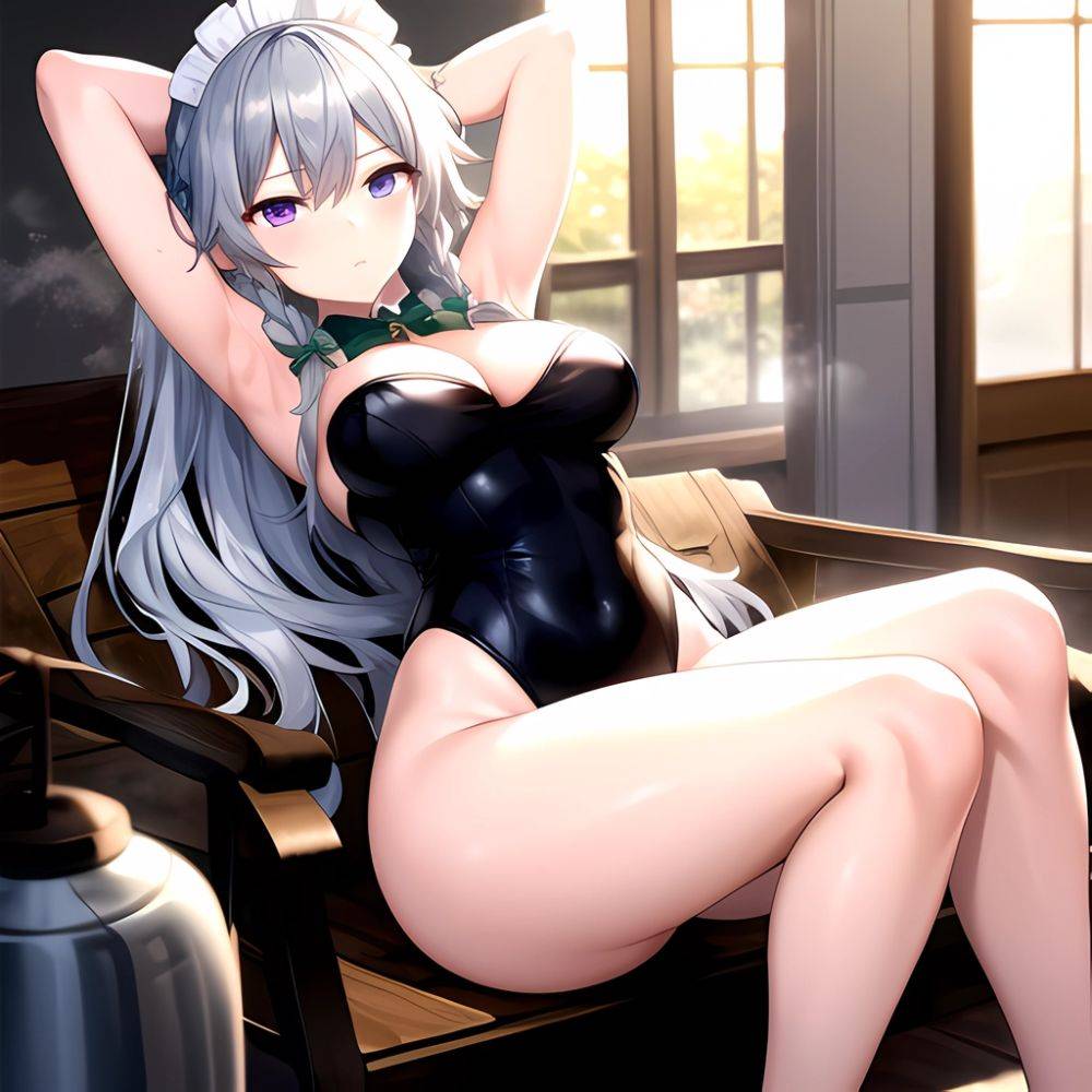 Izayoi Sakuya 1girl Armpits Blue Leotard Bow Braid Breasts Expressionless Gloves Green Bow Grey Hair Large Breasts Latex Latex G, 19673290 - AIHentai - #main