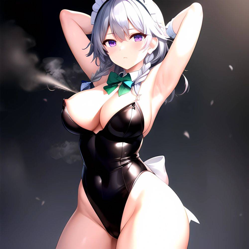 Izayoi Sakuya 1girl Armpits Blue Leotard Bow Braid Breasts Covered Nipples Expressionless Gloves Green Bow Grey Hair Large Breas, 1893277954 - AIHentai - #main
