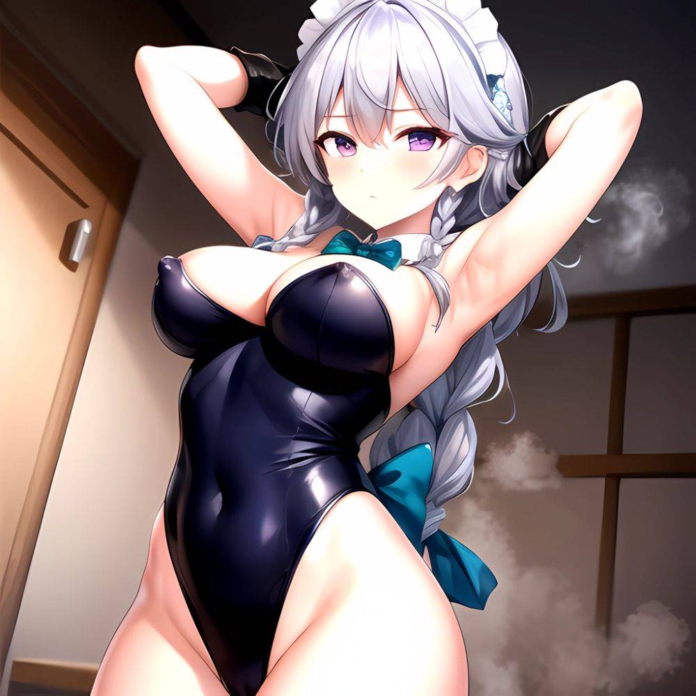Izayoi Sakuya 1girl Armpits Blue Leotard Bow Braid Breasts Covered Nipples Expressionless Gloves Green Bow Grey Hair Large Breas, 1659501119 - AIHentai - #main