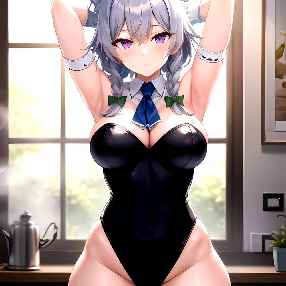 Izayoi Sakuya 1girl Armpits Blue Leotard Bow Braid Breasts Expressionless Gloves Green Bow Grey Hair Large Breasts Latex Latex G, 796993383 - AIHentai - #main