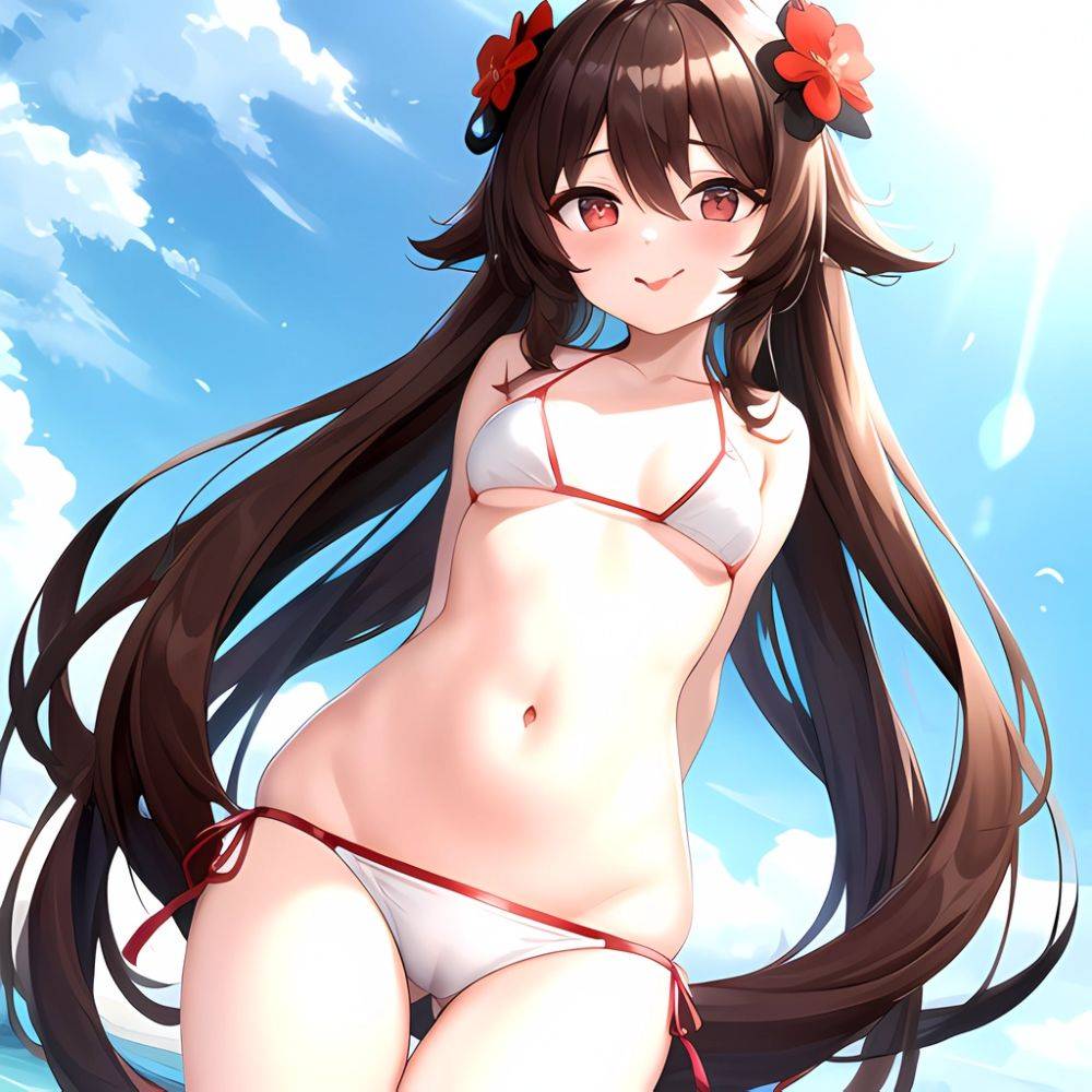 1girl Q Absurdres Arms Behind Back Bikini Blush Breasts Brown Hair Cameltoe Cleft Of Venus Covered Nipples Cowboy Shot Flower, 2944263295 - AIHentai - #main