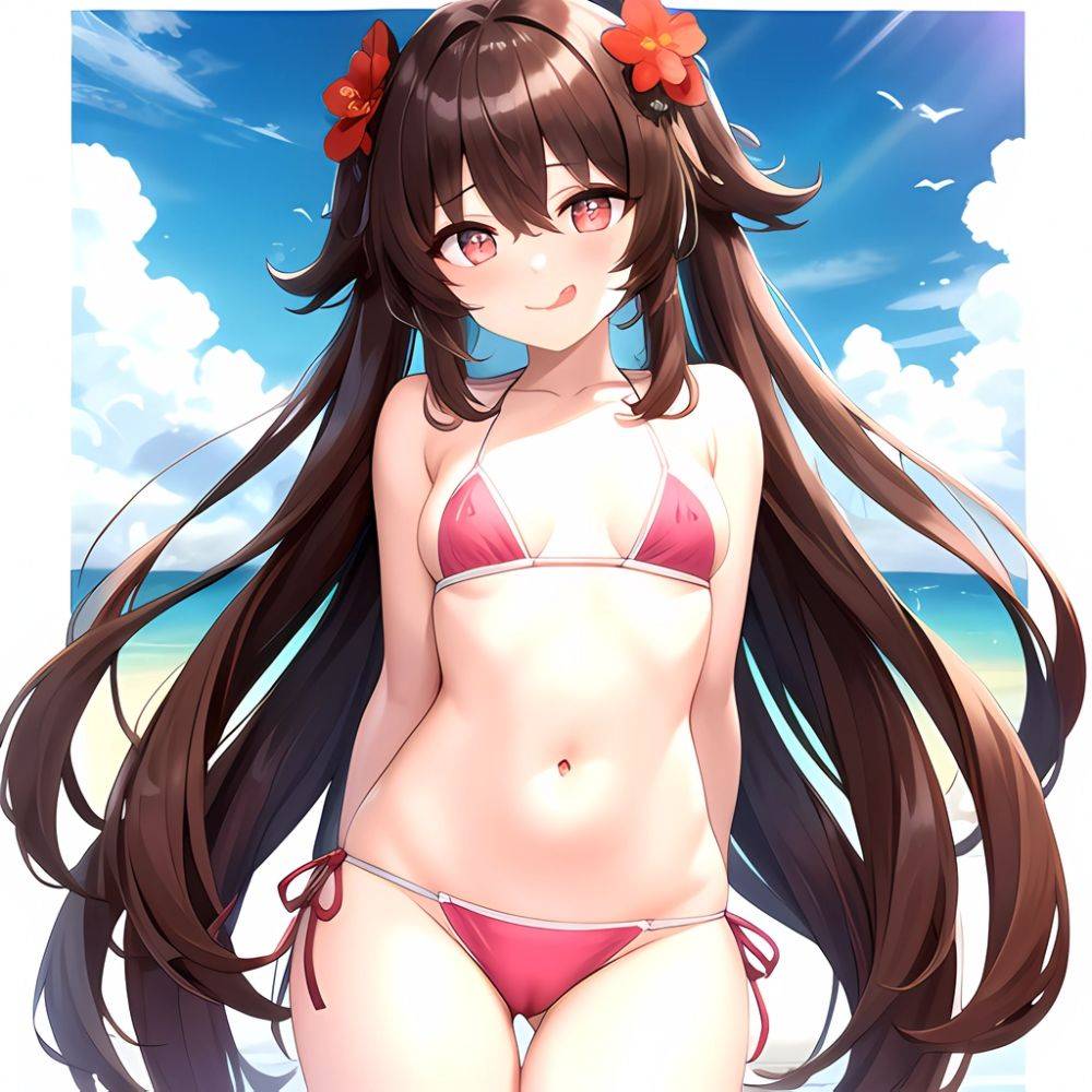 1girl Q Absurdres Arms Behind Back Bikini Blush Breasts Brown Hair Cameltoe Cleft Of Venus Covered Nipples Cowboy Shot Flower, 3077724501 - AIHentai - #main