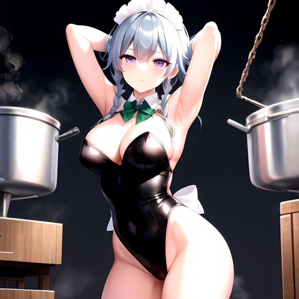 Izayoi Sakuya 1girl Armpits Blue Leotard Bow Braid Breasts Expressionless Gloves Green Bow Grey Hair Large Breasts Latex Latex G, 3798515742 - AIHentai - #main