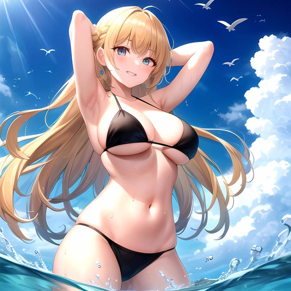 Empress Last Origin 1girl Armpits Arms Behind Head Bikini Bird Black Bikini Blonde Hair Blue Sky Breasts Cloud Gradient Hair, 1035411181 - AIHentai - #main