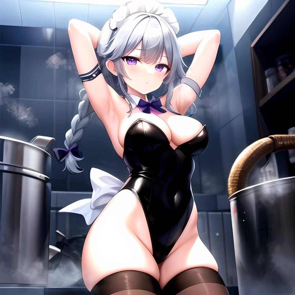 Izayoi Sakuya 1girl Armpits Blue Leotard Bow Braid Breasts Expressionless Gloves Green Bow Grey Hair Large Breasts Latex Latex G, 2700308425 - AIHentai - #main