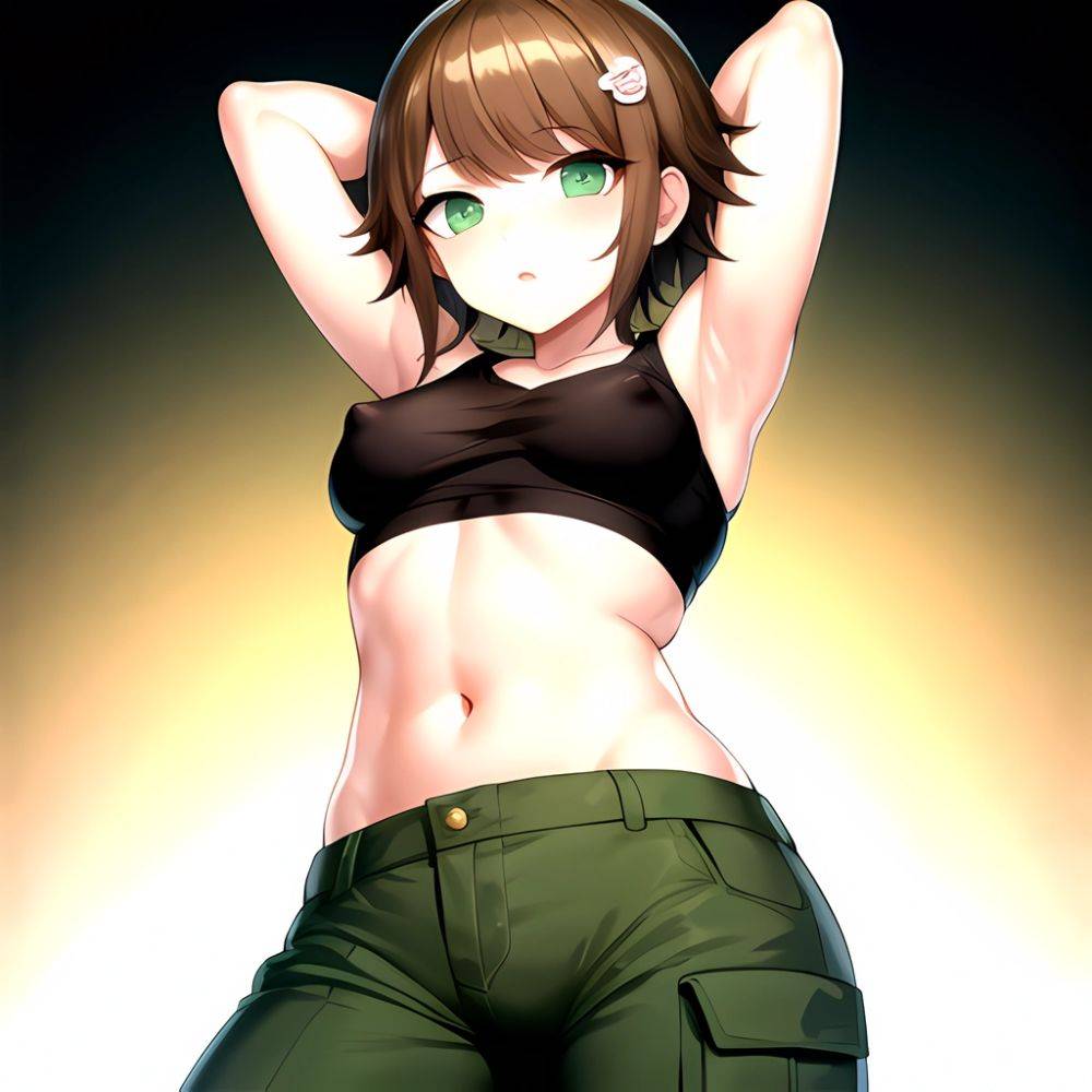 1boy Armpits Arms Behind Head Blush Breasts Brown Hair Bulge Collarbone Contrapposto Covered Nipples Crop Top Danganronpa Trigge, 3514135403 - AIHentai - #main
