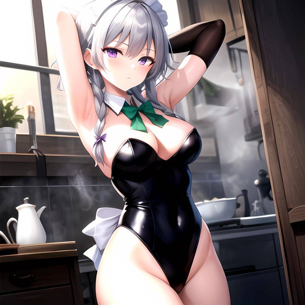 Izayoi Sakuya 1girl Armpits Blue Leotard Bow Braid Breasts Expressionless Gloves Green Bow Grey Hair Large Breasts Latex Latex G, 1704868955 - AIHentai - #main