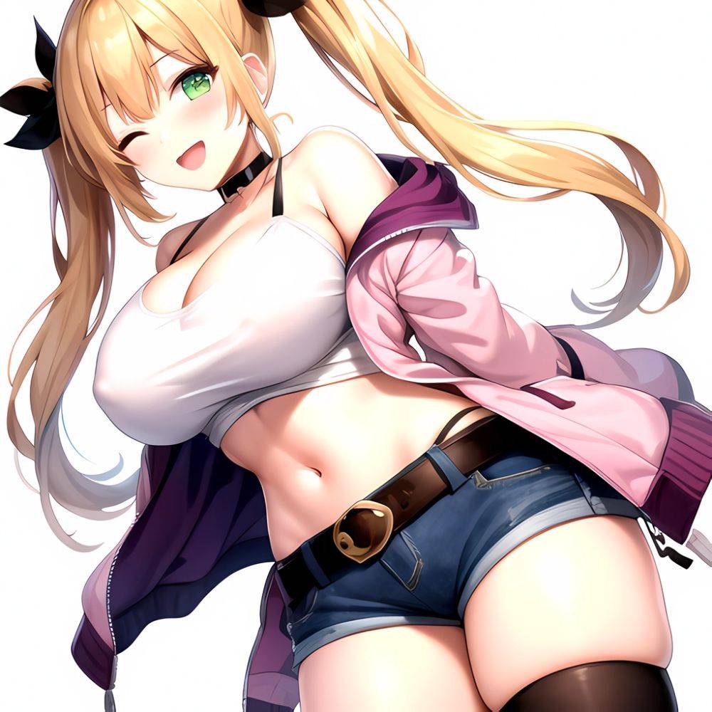 1girl D Bare Shoulders Belt Black Choker Black Thighhighs Blonde Hair Blue Shorts Blush Breasts Brown Belt Choker Cleavage Cowbo, 386532214 - AIHentai - #main