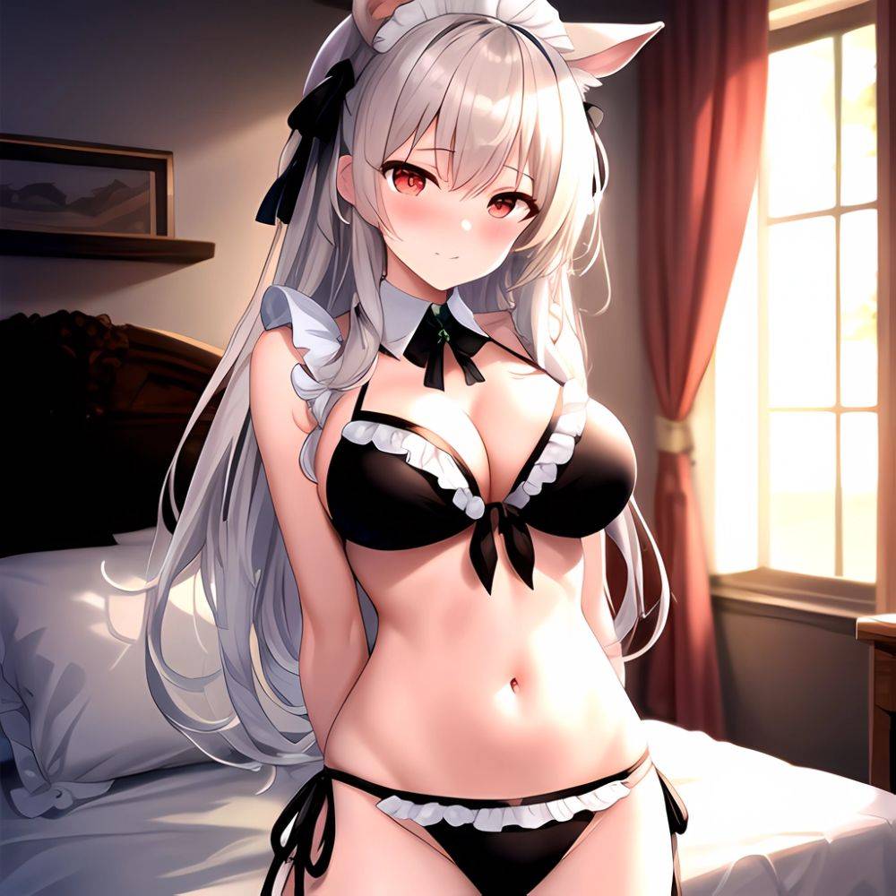 1girl Alternate Costume Animal Ears Arms Behind Back Bed Bikini Black Bikini Black Ribbon Blush Bow Breasts Cleavage Closed Mout, 2035065144 - AIHentai - #main