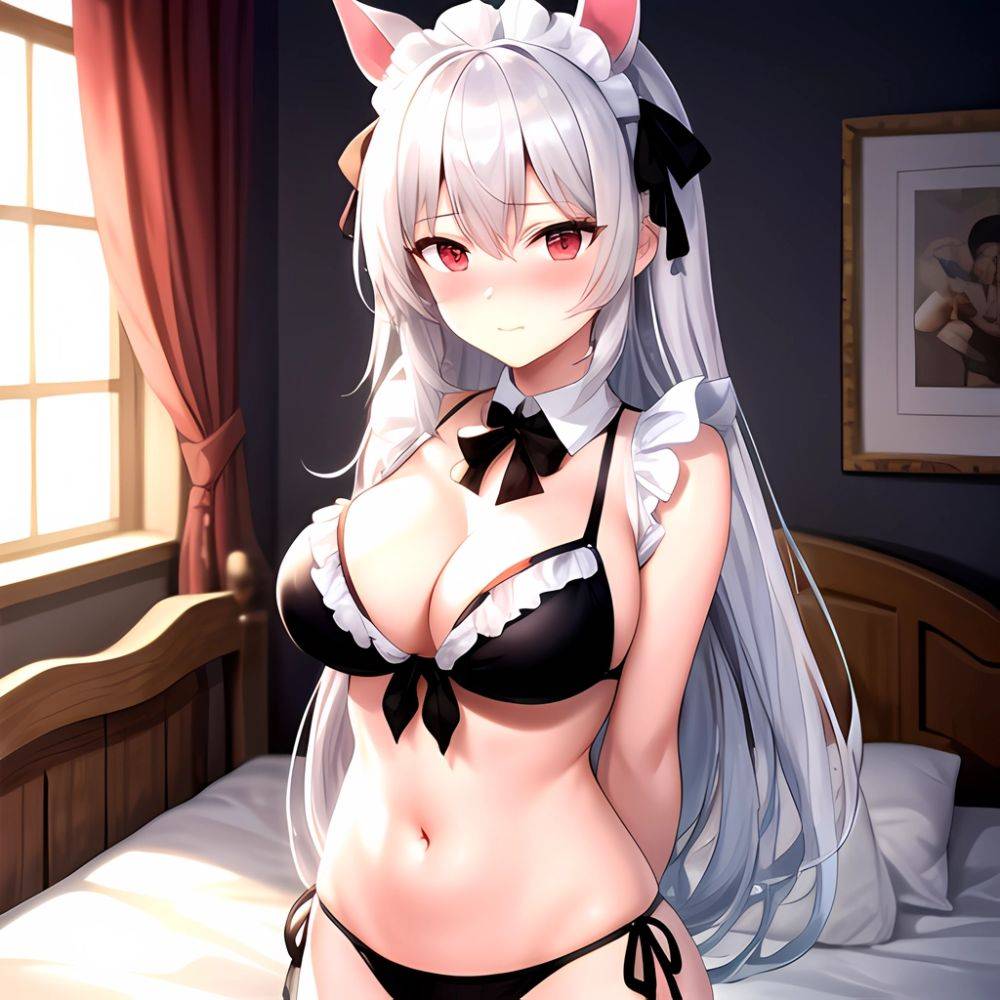 1girl Alternate Costume Animal Ears Bed Bikini Black Bikini Black Ribbon Blush Bow Breasts Cleavage Closed Mouth Cowboy Shot Det, 9881690 - AIHentai - #main