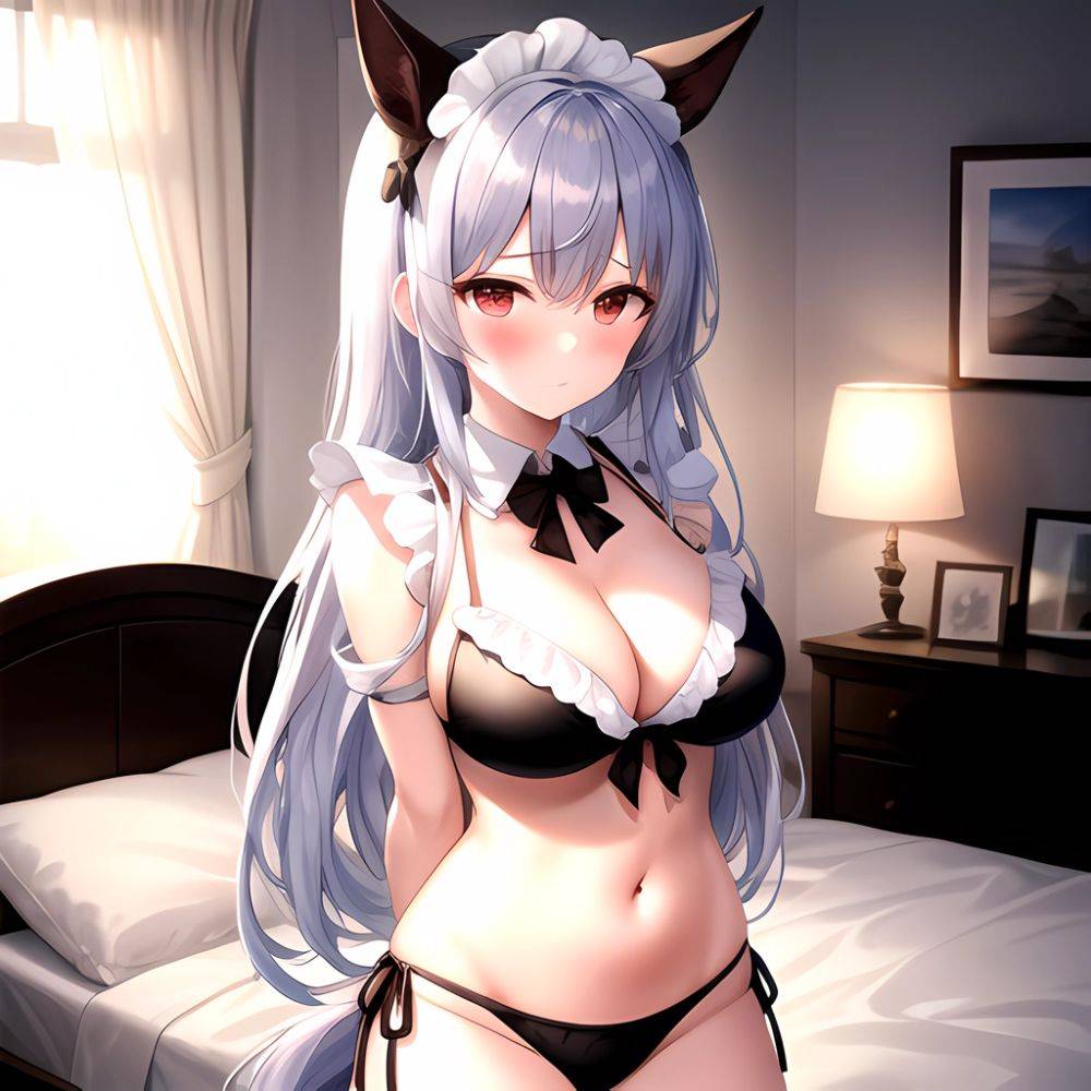 1girl Alternate Costume Animal Ears Arms Behind Back Bed Bikini Black Bikini Black Ribbon Blush Bow Breasts Cleavage Closed Mout, 1540335058 - AIHentai - #main