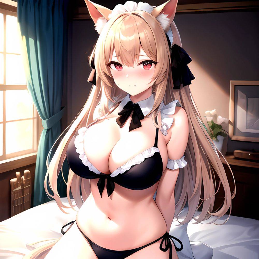 1girl Alternate Costume Animal Ears Arms Behind Back Bed Bikini Black Bikini Black Ribbon Blush Bow Breasts Cleavage Closed Mout, 666797349 - AIHentai - #main
