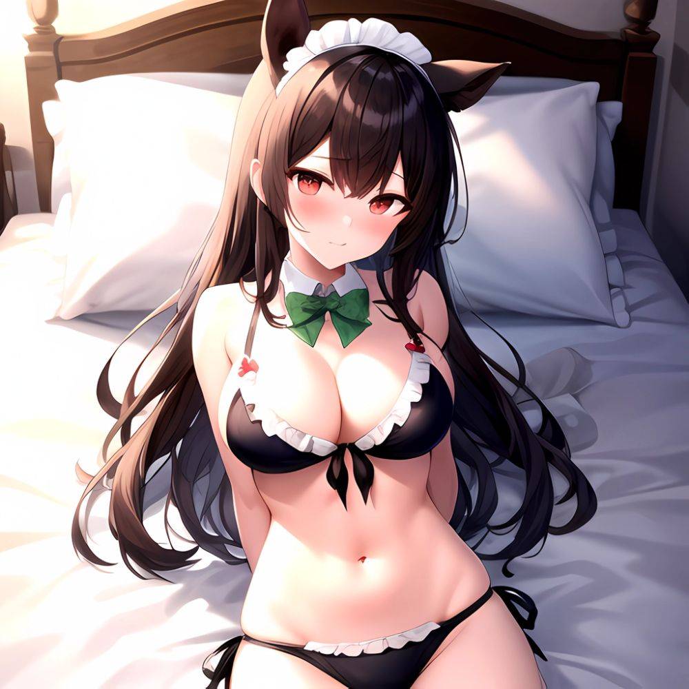 1girl Alternate Costume Animal Ears Arms Behind Back Bed Bikini Black Bikini Black Ribbon Blush Bow Breasts Cleavage Closed Mout, 763295454 - AIHentai - #main