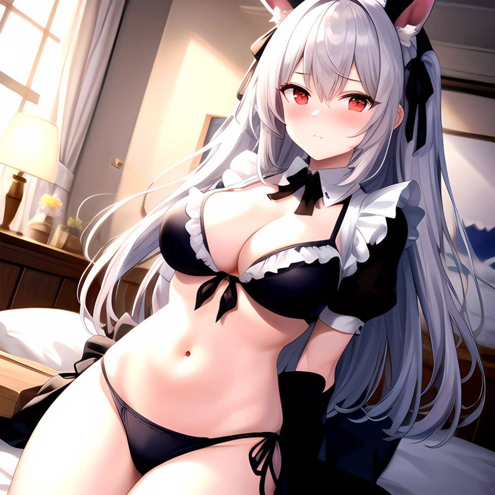 1girl Alternate Costume Animal Ears Arms Behind Back Bed Bikini Black Bikini Black Ribbon Blush Bow Breasts Cleavage Closed Mout, 1023339934 - AIHentai - #main