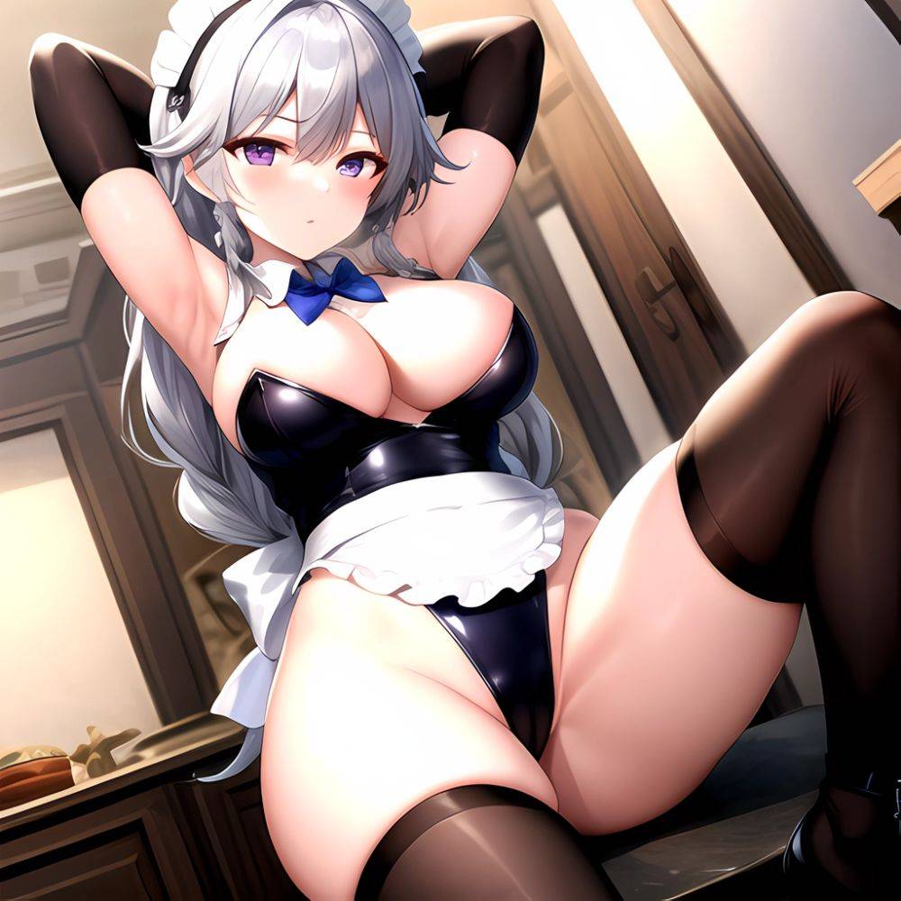 Izayoi Sakuya 1girl Armpits Blue Leotard Bow Braid Breasts Expressionless Gloves Green Bow Grey Hair Large Breasts Latex Latex G, 3199397151 - AIHentai - #main