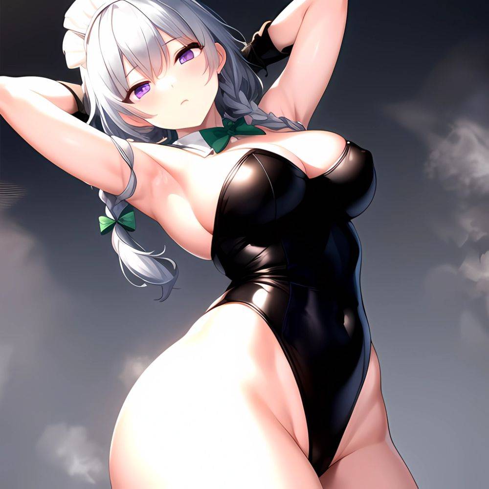 Izayoi Sakuya 1girl Armpits Blue Leotard Bow Braid Breasts Expressionless Gloves Green Bow Grey Hair Large Breasts Latex Latex G, 1133362146 - AIHentai - #main