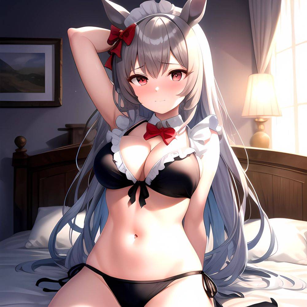 King Halo Umamusume 1girl Alternate Costume Animal Ears Arms Behind Back Bed Bikini Black Bikini Black Ribbon Blush Bow Breasts, 505723689 - AIHentai - #main