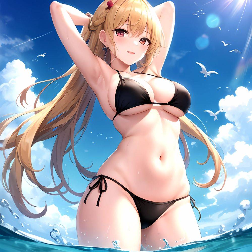Empress Last Origin 1girl Armpits Arms Behind Head Bikini Bird Black Bikini Blonde Hair Blue Sky Breasts Cloud Gradient Hair, 2904618647 - AIHentai - #main