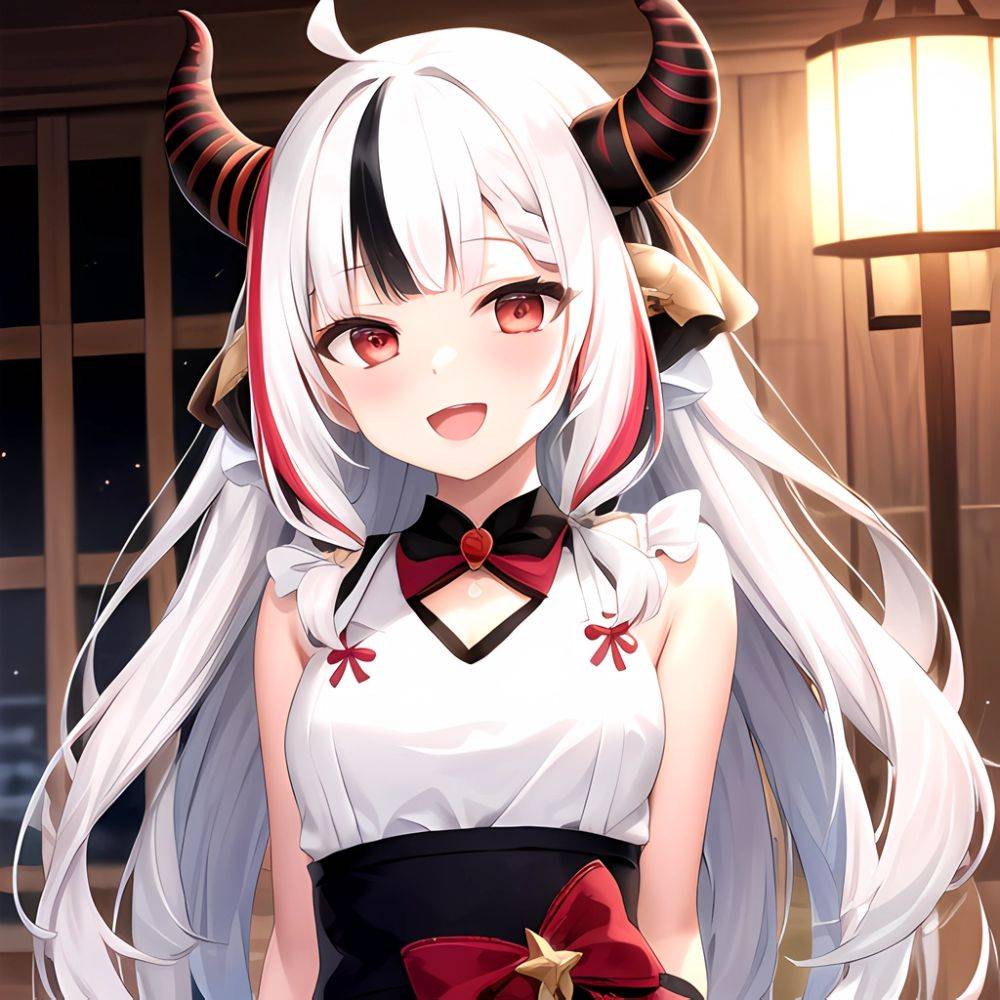 1girl Hololive Horns Long Hair Multicolored Hair Nakiri Ayame Open Mouth Smile Solo Streaked Hair Tonton Utaro White Hair Arms, 1309787329 - AIHentai - #main