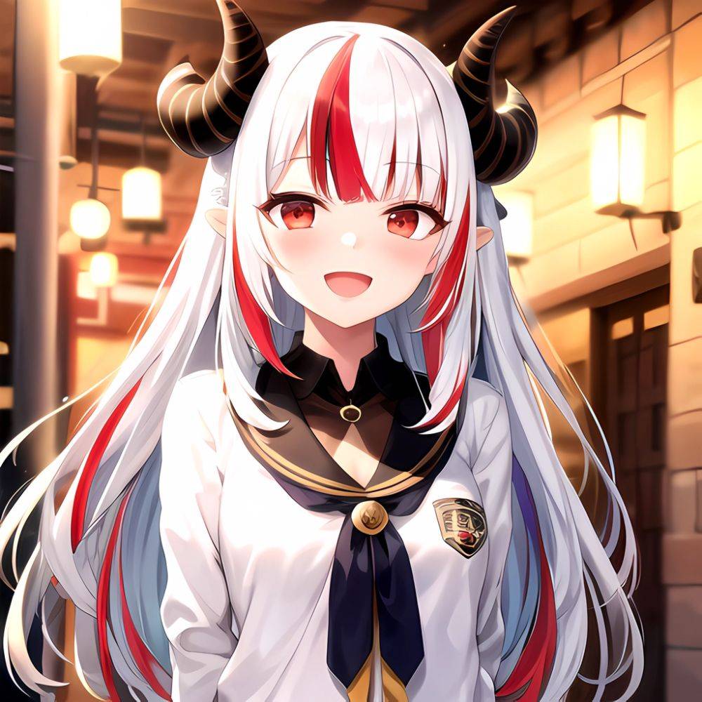 1girl Hololive Horns Long Hair Multicolored Hair Nakiri Ayame Open Mouth Smile Solo Streaked Hair Tonton Utaro White Hair Arms, 1980439333 - AIHentai - #main