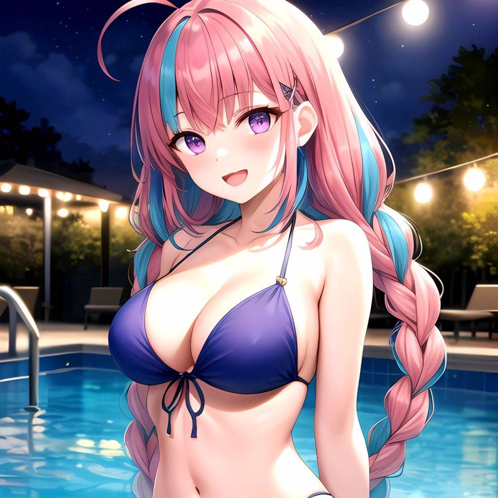 1girl Ahoge Bare Shoulders Bikini Blue Bikini Blue Hair Blush Braid Breasts Cleavage Colored Inner Hair Front Tie Bikini Top, 346306298 - AIHentai - #main