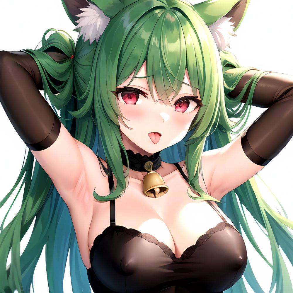 1girl Animal Ear Fluff Animal Ears Armpits Arms Behind Head Banshee Last Origin Bell Blush Breasts Chamame Green Hair Highres, 2282154956 - AIHentai - #main