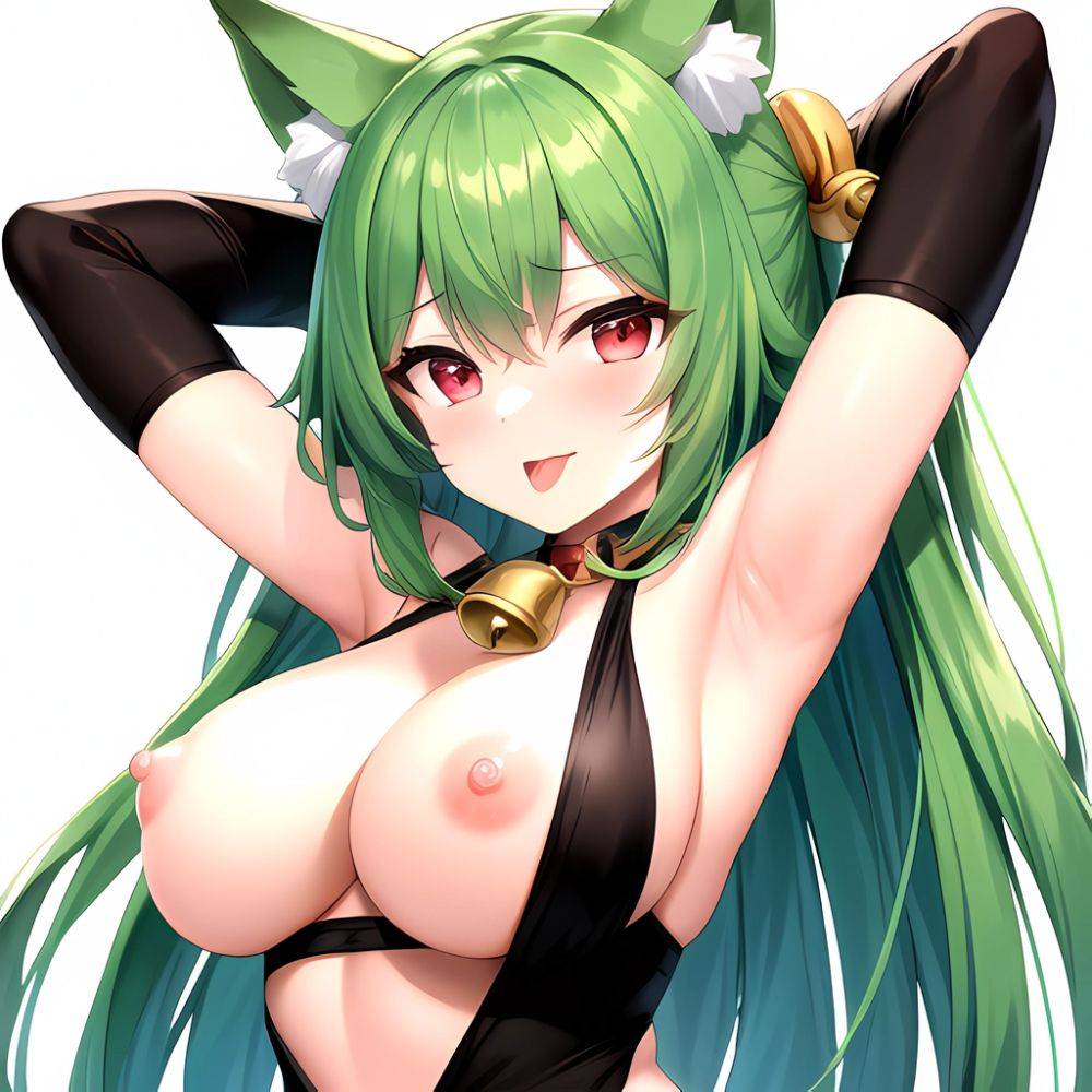 1girl Animal Ear Fluff Animal Ears Armpits Arms Behind Head Banshee Last Origin Bell Blush Breasts Chamame Green Hair Highres, 3536645961 - AIHentai - #main