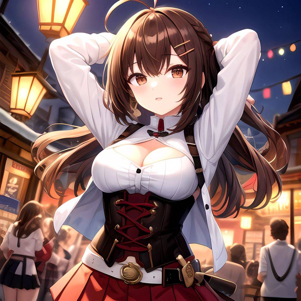Nanashi Mumei Nanashi Mumei 1st Costume 1girl Ahoge Arms Behind Head Arms Up Belt Brown Corset Brown Eyes Brown Hair, 1488356379 - AIHentai - #main