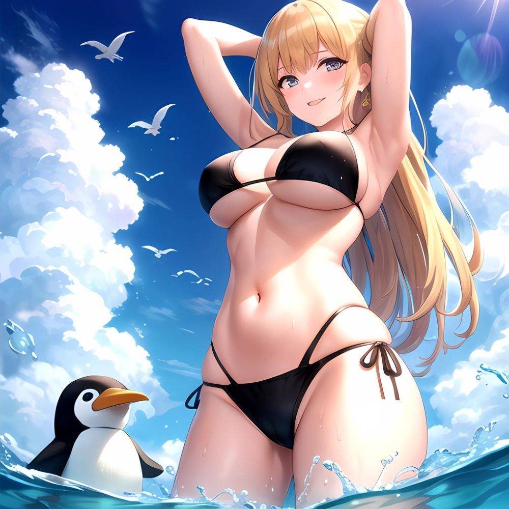 Empress Last Origin 1girl Armpits Arms Behind Head Bikini Bird Black Bikini Blonde Hair Blue Sky Breasts Cloud Gradient Hair, 1650344549 - AIHentai - #main