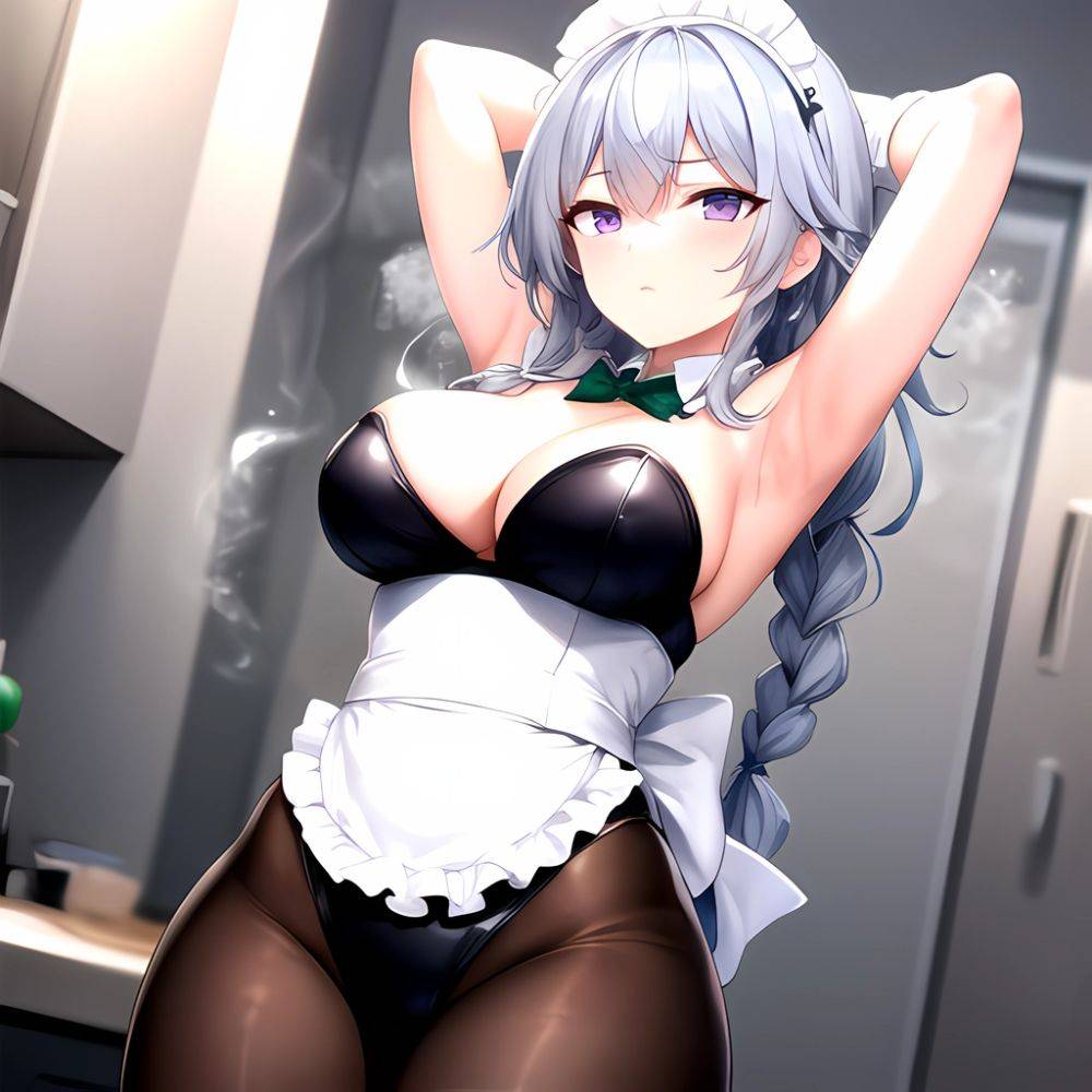 Izayoi Sakuya 1girl Armpits Blue Leotard Bow Braid Breasts Expressionless Gloves Green Bow Grey Hair Large Breasts Latex Latex G, 3791938167 - AIHentai - #main