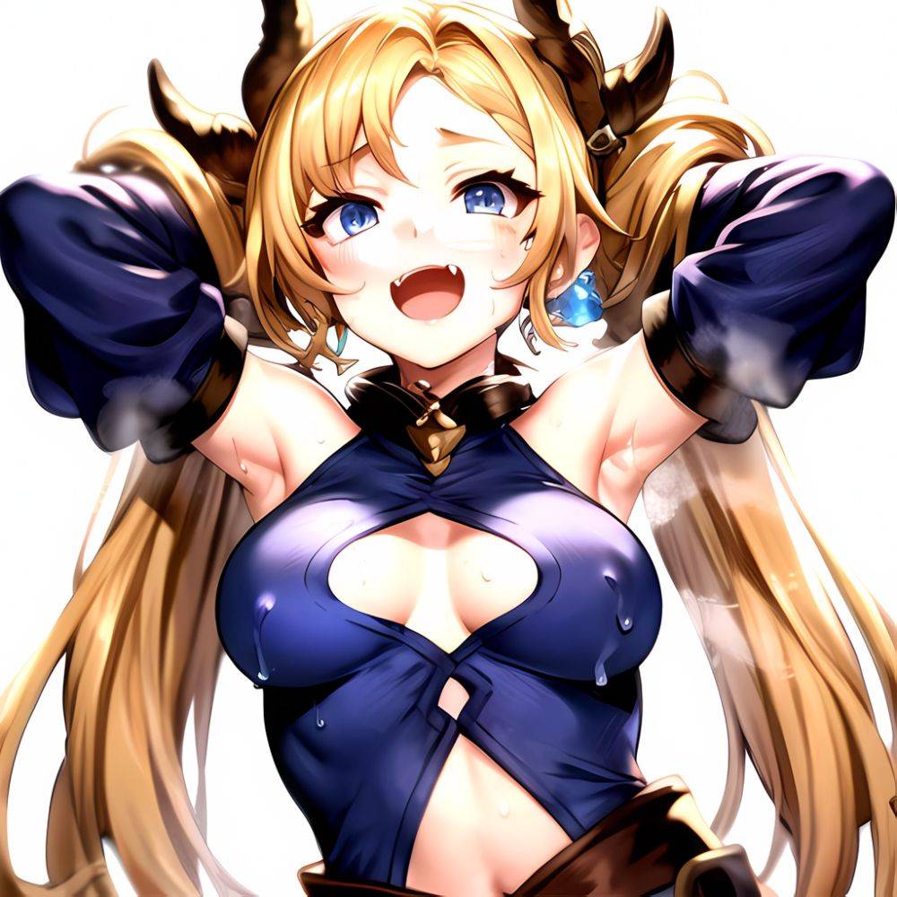 1girl Armpits Arms Behind Head Backlighting Bare Arms Bare Legs Blonde Hair Blue Eyes Blush Breasts Check Commentary Clothing Cu, 2408663648 - AIHentai - #main