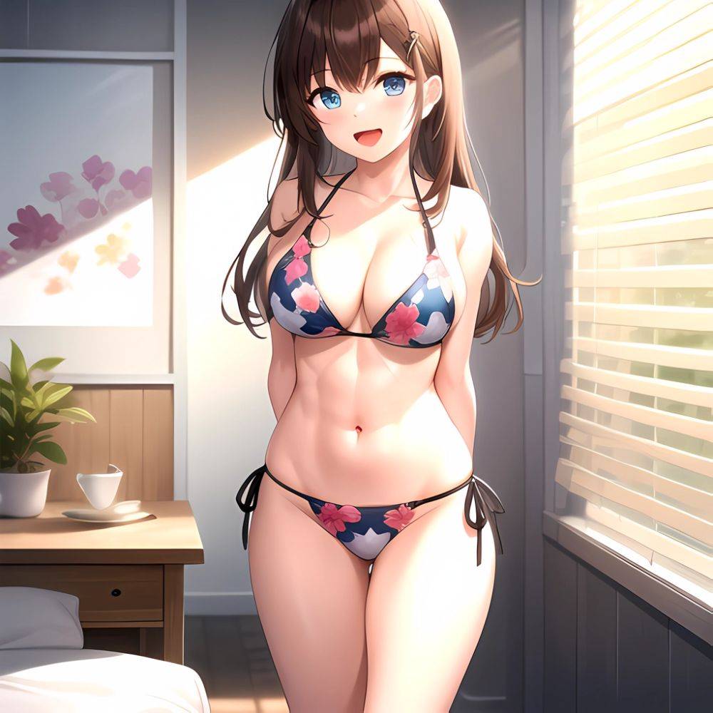 1girl D Abs Alternate Costume Arms Behind Back Asymmetrical Hair Bikini Blue Eyes Blush Breasts Brown Hair Cleavage Collarbone F, 2965885101 - AIHentai - #main