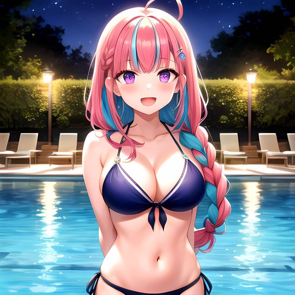 1girl Ahoge Bare Shoulders Bikini Blue Bikini Blue Hair Blush Braid Breasts Cleavage Colored Inner Hair Front Tie Bikini Top, 3232634769 - AIHentai - #main