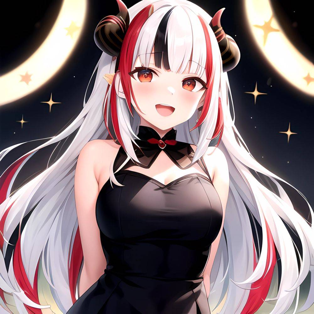 1girl Hololive Horns Long Hair Multicolored Hair Nakiri Ayame Open Mouth Smile Solo Streaked Hair Tonton Utaro White Hair Arms, 2620679235 - AIHentai - #main