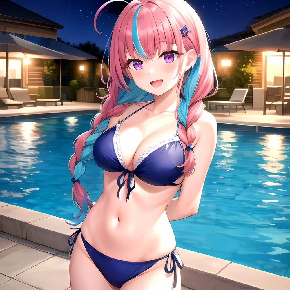 1girl Ahoge Bare Shoulders Bikini Blue Bikini Blue Hair Blush Braid Breasts Cleavage Colored Inner Hair Front Tie Bikini Top, 627546096 - AIHentai - #main