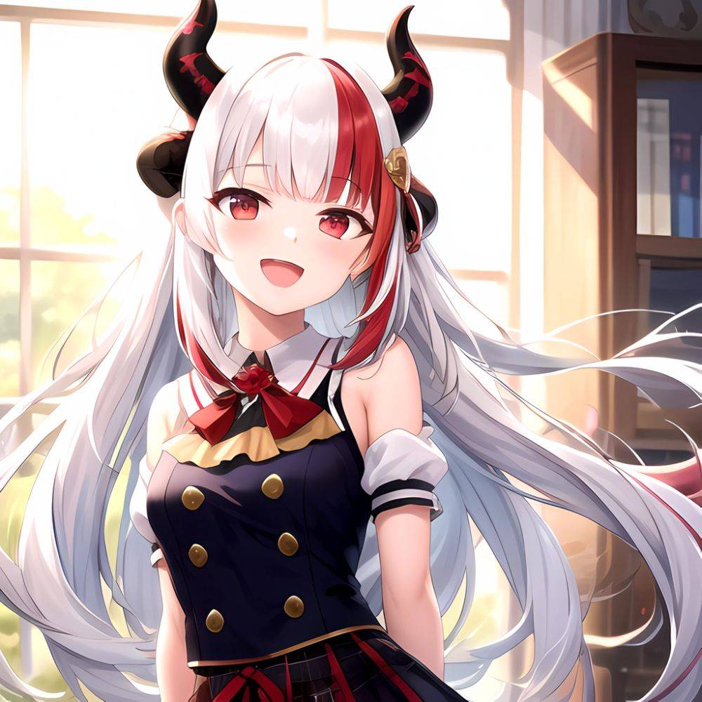 1girl Hololive Horns Long Hair Multicolored Hair Nakiri Ayame Open Mouth Smile Solo Streaked Hair Tonton Utaro White Hair Arms, 812388914 - AIHentai - #main