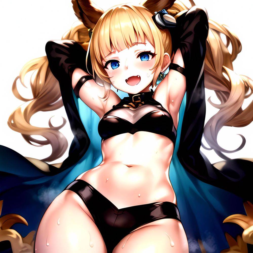 1girl Armpits Arms Behind Head Backlighting Bare Arms Bare Legs Blonde Hair Blue Eyes Blush Breasts Check Commentary Clothing Cu, 3847201874 - AIHentai - #main