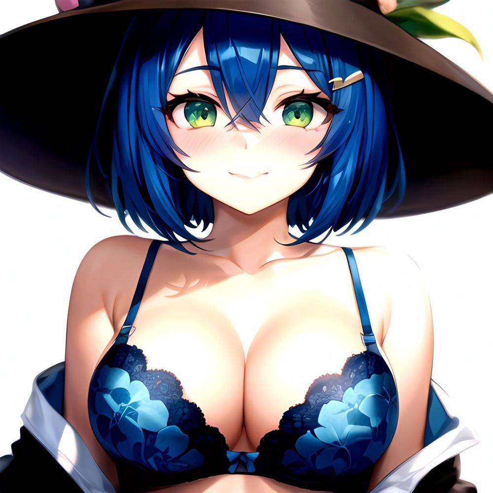 1girl Blush Bob Cut Bra Breasts Cleavage Close Up Closed Mouth Collarbone Commentary Eyelashes Eyes Visible Through Hair Floral, 546089455 - AIHentai - #main